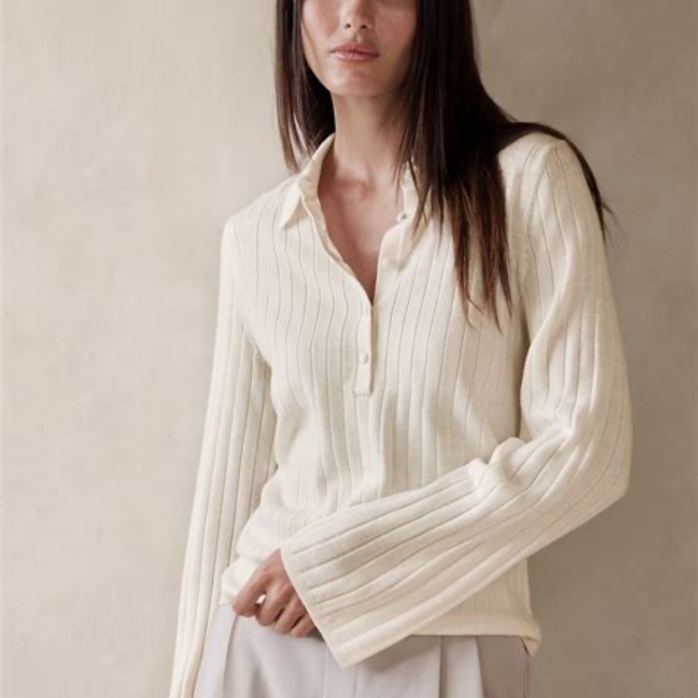 NWOT 100% Merino Wool Nezha Black Sweater Polo w/covered buttons  Banana R Sz XS - Picture 9 of 10